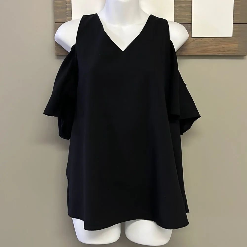 Ann Taylor Factory Black V-Neck  Blouse with Cutout Sleeves- Medium